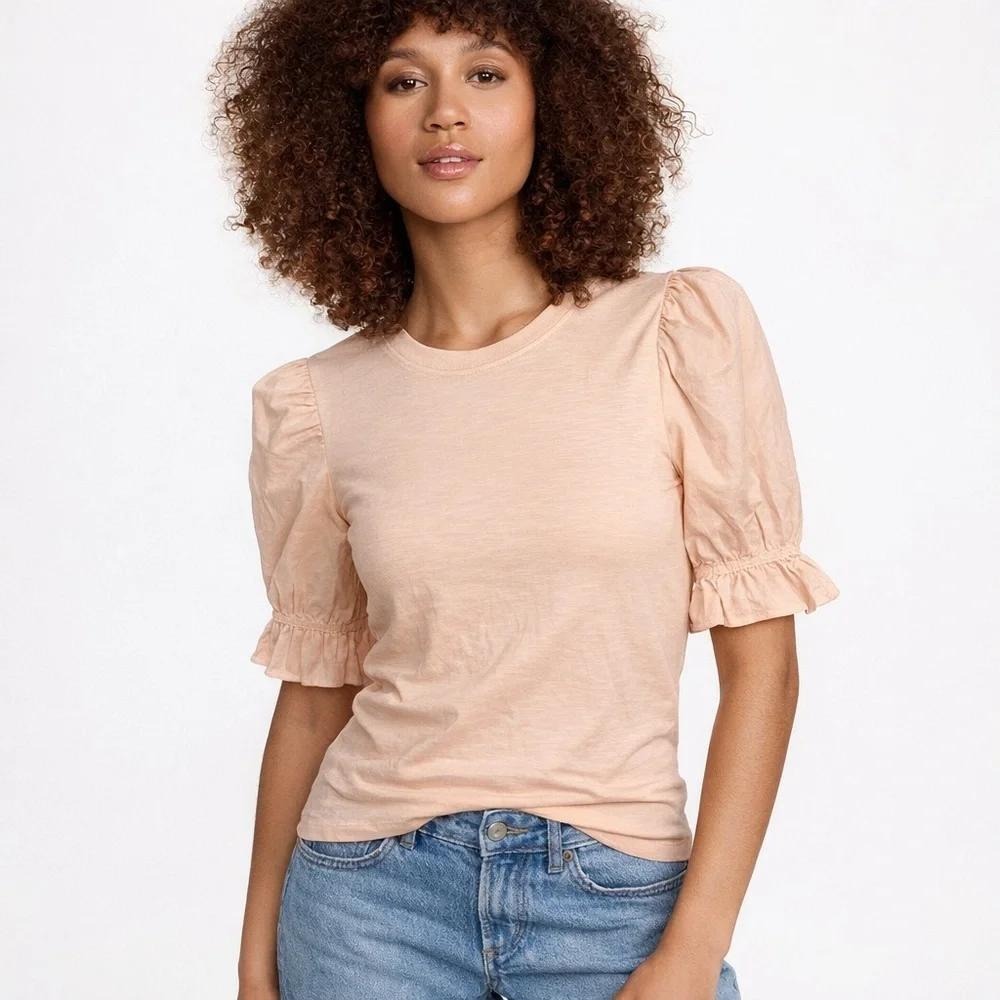 Nation LTD Puff Sleeve Ruffle Tee Shirt Slub Knit Crew Neck Pima Cotton Ivory XS